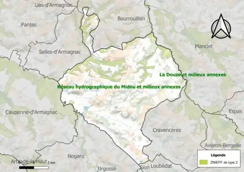 Carte des ZNIEFF de type 2 sur la commune.