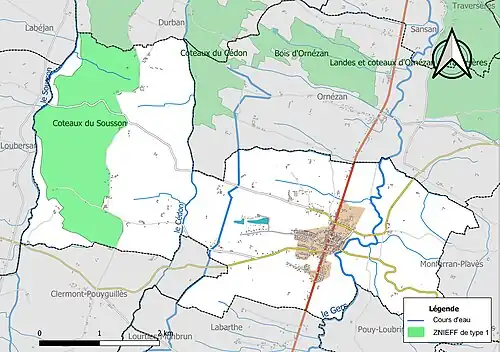 Carte des ZNIEFF de type 1 sur la commune.
