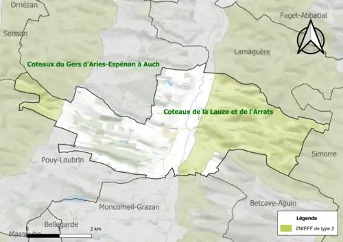 Carte des ZNIEFF de type 2 sur la commune.