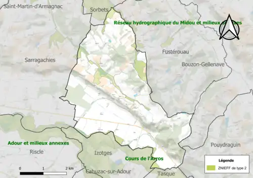 Carte des ZNIEFF de type 2 sur la commune.