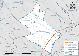 Carte en couleur présentant le réseau hydrographique de la commune