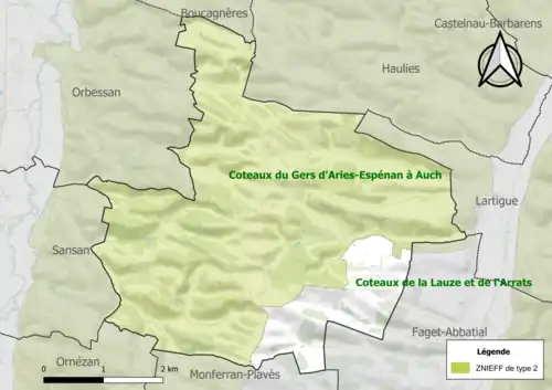 Carte de la ZNIEFF de type 2 sur la commune.