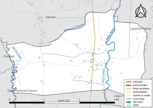 Carte en couleur présentant le réseau hydrographique de la commune