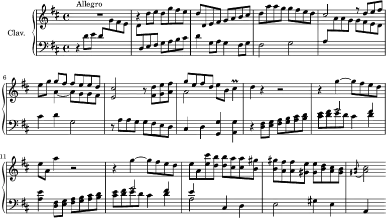 
\version "2.18.2"
\header {
  tagline = ##f
  % composer = "Domenico Scarlatti"
  % opus = "K. 236"
  % meter = "Allegro"
}

%% les petites notes
trillCis        = { \tag #'print { cis4\prall } \tag #'midi { d32 cis d cis~ cis8 } }

upper = \relative c'' {
  \clef treble 
  \key d \major
  \time 4/4
  \tempo 4 = 124
  \set Staff.midiInstrument = #"harpsichord"
  \override TupletBracket.bracket-visibility = ##f

      s8*0^\markup{Allegro}
      R1 | b4\rest d8 e d g fis e | d d, e fis g a b cis |
      % ms. 4
      d a' a g g fis e d | \stemUp cis2 r8 d8 e fis |  \stemNeutral e8 g << { g8 fis fis e e d } \\ { a4~ a8 g g fis } >> | < e cis' >2 r8 < fis d' >8 < g e' > < a fis' >
      % ms. 8
      << { g'8 e fis d } \\ { a2 } >> e'8 b \trillCis | d4 r4 r2 | r4 g4~ g8 fis e d | e a, a'4 | r2 |
      % ms. 12
      r4 g4~ g8 fis e d | e a, < e' cis' >8 < d b' > q < cis a' > q < b gis' > | q < a fis' > q < gis e' > q < b d > < a cis > < gis b > \appoggiatura < gis b >8 < a cis >2
      % ms. 16
      
      % ms. 20
      

}

lower = \relative c' {
  \clef bass
  \key d \major
  \time 4/4
  \set Staff.midiInstrument = #"harpsichord"
  \override TupletBracket.bracket-visibility = ##f

    % ************************************** \appoggiatura a16  \repeat unfold 2 {  } \times 2/3 { }   \omit TupletNumber 
      r4 d8 e d \stemDown \change Staff = "upper"  g fis e | d \stemNeutral \change Staff = "lower" d, e fis g a b cis | d4 g,8 a g4 fis8 g |
      % ms. 4
      fis2 g | a8 \stemDown \change Staff = "upper"  a' a g g fis e d  | \stemNeutral \change Staff = "lower" cis4 d g,2 | r8 a8 a g g fis e d |
      % ms. 8
      cis4 d < g, g' >4 < a g' > | r4 < d fis >8 < e g > < fis a > < g b > < a cis > < b d > | << { s4 g'2 fis4 } \\ { < cis e >8 < d fis > e d cis4 d } >> | < a e' >4  < d, fis >8 < e g > < fis a > < g b > < a cis > < b d > |
      % ms. 12
       << { s4 g'2 fis4 | e } \\ { < cis e >8 < d fis > e d cis4 d | a2 } >> cis,4 d | e2 gis4 e | a,4 s4
      % ms. 16
      
      % ms. 20
      

}

thePianoStaff = \new PianoStaff <<
    \set PianoStaff.instrumentName = #"Clav."
    \new Staff = "upper" \upper
    \new Staff = "lower" \lower
  >>

\score {
  \keepWithTag #'print \thePianoStaff
  \layout {
      #(layout-set-staff-size 17)
    \context {
      \Score
     \override SpacingSpanner.common-shortest-duration = #(ly:make-moment 1/2)
      \remove "Metronome_mark_engraver"
    }
  }
}

\score {
  \keepWithTag #'midi \thePianoStaff
  \midi { }
}
