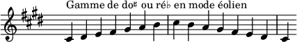 
\relative c' { 
  \key cis \aeolian
  \clef treble \time 7/4 \hide Staff.TimeSignature cis4^\markup { Gamme de do♯ ou ré♭ en mode éolien } dis e fis gis a b cis b a gis fis e dis cis
}
