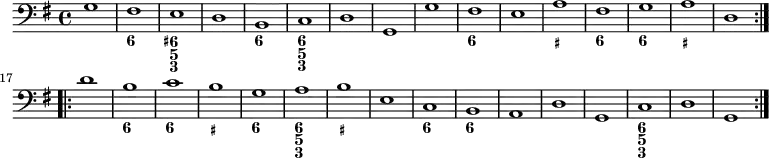 
<<
\relative c' {
    \version "2.18.2"
    \key g \major
    \time 4/4
    \tempo ""
    \clef bass
    g1  fis e d b c d g, 
    g' fis e a fis g a d, \bar ":|.|:" \break
    d' b c b g a b e, 
    c b a d g, c d g, \bar ":|."
}
\new FiguredBass {
  \figuremode {
    <_>1 <6> <6+ 5 3> <_> <6> <6 5 3> <_> <_>
    <_> <6> <_> <_+> <6> <6> <_+> <_>
    <_> <6> <6> <_+> <6> <6 5 3> <_+> <_>
    <6> <6> <_> <_> <_> <6 5 3> <_> <_>
  }
}
>>

