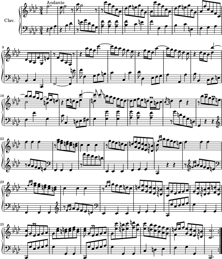 
\version "2.18.2"
\header {
  tagline = ##f
  % composer = "Domenico Scarlatti"
  % opus = "K. 462"
  % meter = "Andante"
}

%% les petites notes
trillCqq     = { \tag #'print { c16\prall } \tag #'midi { \times 2/3 { c32 d c } } }
trillAesq    = { \tag #'print { aes8\prall } \tag #'midi { \times 2/3 { bes32 aes bes } aes16 } }
trillFq      = { \tag #'print { f8\prall } \tag #'midi { \times 2/3 { g32 f g } f16 } }
trillEesq    = { \tag #'print { ees8\prall } \tag #'midi { \times 2/3 { f32 ees f } ees16 } }

upper = \relative c'' {
  \clef treble 
  \key f \minor
  \time 3/4
  \tempo 4 = 72
  \set Staff.midiInstrument = #"harpsichord"
  \override TupletBracket.bracket-visibility = ##f

  \repeat volta 2 {
      s8*0^\markup{Andante}
      f2. | ees8 f2 r8 | aes8 g2 r8 | r8 \repeat unfold 2 { c8 aes f c aes | 
      % ms. 5
      des8 f e g bes, g | aes } f' c aes f c | des bes aes f' g, e' |
      % ms. 10
      r8 f8 c aes f r8 | r4 aes''16 g f8 c'4~ | c16 bes aes8 g f4 ees8 | r4 f16 ees des8 aes'4~ | aes16 g f8 ees des4 c8 |
      % ms. 15
      r4 des16 c bes8 << { bes'4~ | bes8 bes aes16 g f8~ f16 ees d8 } \\ { des4 | c2 b4 } >> | r4 ees16 d c8 << { c'4~ | c8 c  } \\ { ees,4 | d4 } >> b'16 aes g8 f16 ees d8~
      % ms. 19
      d8 ees f16 ees d8 \trillCqq b16 c8 | \acciaccatura c8 d4 d r4 | r8 bes'8  \trillAesq g \trillFq e8 | f4 f f |
      % ms. 23
      r8 < f aes >8 < ees g >8 < d f >8 < c ees >8 < b d >8  | c4 c c | r8 g'8 f ees d c | d < aes f' > < g ees' > < f d' > < ees c' > < d b' > | c'8 \grace {   \tempo 4 = 40 g'16 aes }   \tempo 4 = 72 bes8 aes g f e | 
      % ms. 28
      f4 f f | r8 \grace {   \tempo 4 = 40 f16 g }   \tempo 4 = 72 < f aes >8 < ees g > < d f > < c ees > < b d > | c4 c c | r8 \grace {   \tempo 4 = 40 ees16 f }   \tempo 4 = 72 g8 f ees d c |
      % ms. 32
      d8 < aes f' > < g ees' > < f d' > < ees c' > < d b' > | < c c' > g' ees f g aes | g < ees c' > < d b' > < ees c' > < f d' > < d b' > | < ees c' > g \trillEesq f g aes | g < c ees > < b d > < c ees > < d f > < b d > |
      % ms. 37
      < c ees >8 g[ \trillEesq f8 g aes] | g < ees' c' > < d b' > < ees c' > < f d' > < d b' > | < ees c' > < d bes' > < c aes' > < bes g' > < aes f' > < g ees' > | << { d'16 ees f8 } \\ { f,4 } >> < g ees' >8 < f d' > < ees c' > < d b' > | < c c' >2. }%repet

}

lower = \relative c' {
  \clef bass
  \key f \minor
  \time 3/4
  \set Staff.midiInstrument = #"harpsichord"
  \override TupletBracket.bracket-visibility = ##f

  \repeat volta 2 {
    % ************************************** \appoggiatura a16  \repeat unfold 2 {  } \times 2/3 { }   \omit TupletNumber 
      r4 f,4 aes | r4 bes4 des | r8 e8 g des bes g | < aes f' >4 q q |
      % ms. 5
      < bes f' >4 c e! | f f, aes | bes c e, | f g aes | bes, c c, |
      % ms. 10
      f2~[ f8] e'' | f f,4 g8 aes b | c4 c, c' | des8 des,4 ees8 f g | aes4 aes, aes' |
      % ms. 15
      bes8 bes,4 c8 des e | f4 f' g, | c8 c,4 d8 ees fis | g4 < g g' > q |
      % ms. 19
      < aes g' >4 < aes f' > q | r8 g'8 d bes g d | g,4 r4 r4 |   \clef treble r8 bes''8 aes g f e   \clef bass |
      % ms. 23
      f,,4 f f | r8 aes''8 g f ees d | ees,,4 ees ees | f g g | c, r4 r4 | r8  \clef treble  \grace { g'''16 aes } bes8 aes g f e \clef bass |
      % ms. 28
      f,,4 f f   \clef treble  | r8 \grace { f''16 g } aes8 g f ees d   \clef bass | ees,,4 ees ees |
      % ms. 32
      f4 g g | \repeat unfold 3 { c,8 g'' ees f g aes | g4 g, g } |
      % ms. 39
      c4 d ees | f g g, | c,2. }%repet

}

thePianoStaff = \new PianoStaff <<
    \set PianoStaff.instrumentName = #"Clav."
    \new Staff = "upper" \upper
    \new Staff = "lower" \lower
  >>

\score {
  \keepWithTag #'print \thePianoStaff
  \layout {
      #(layout-set-staff-size 17)
    \context {
      \Score
     \override SpacingSpanner.common-shortest-duration = #(ly:make-moment 1/2)
      \remove "Metronome_mark_engraver"
    }
  }
}

\score {
  \unfoldRepeats
  \keepWithTag #'midi \thePianoStaff
  \midi { }
}
