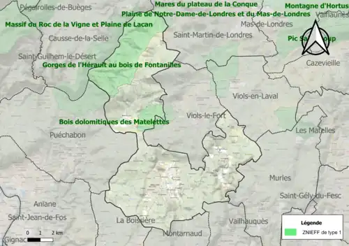 Carte des ZNIEFF de type 1 sur la commune.