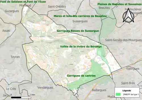 Carte des ZNIEFF de type 1 sur la commune.