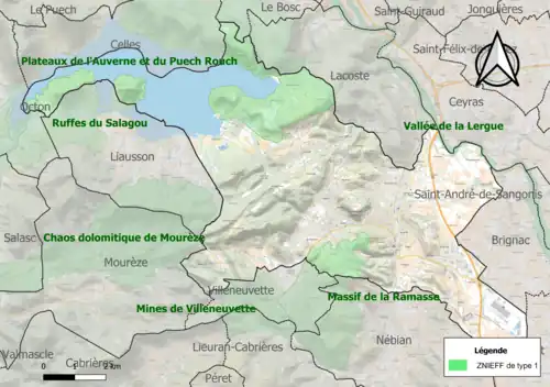 Carte des ZNIEFF de type 1 sur la commune.