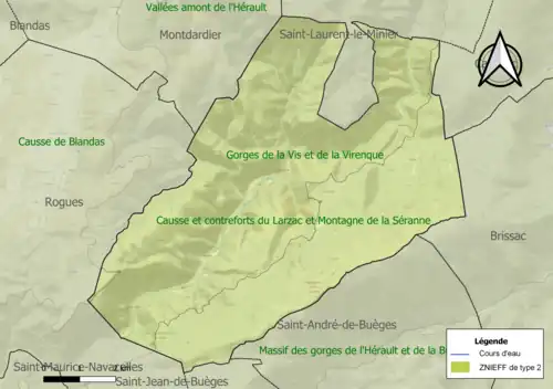 Carte des ZNIEFF de type 2 sur la commune.
