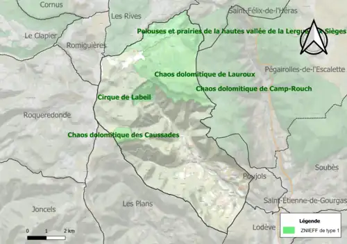 Carte des ZNIEFF de type 1 sur la commune.