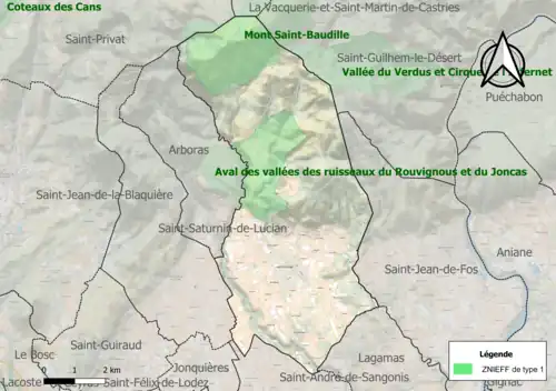 Carte des ZNIEFF de type 1 sur la commune.