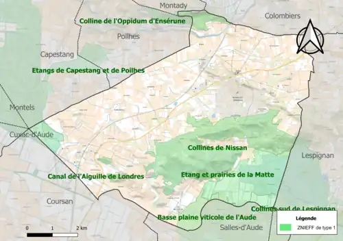 Carte des ZNIEFF de type 1 sur le territoire de la commune.