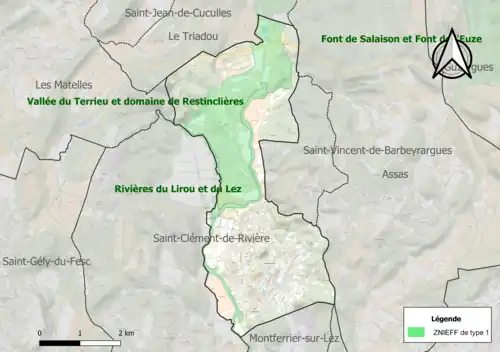 Carte des ZNIEFF de type 1 sur la commune.