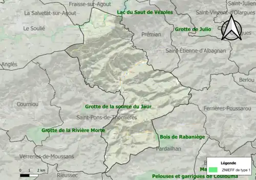 Carte des ZNIEFF de type 1 sur la commune.
