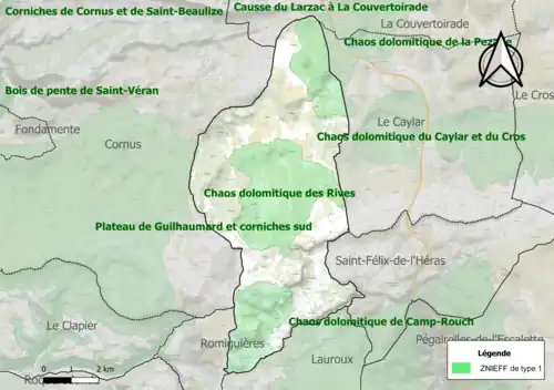 Carte des ZNIEFF de type 1 sur la commune.