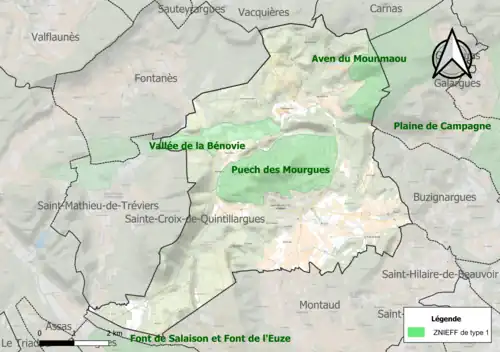 Carte des ZNIEFF de type 1 sur la commune.
