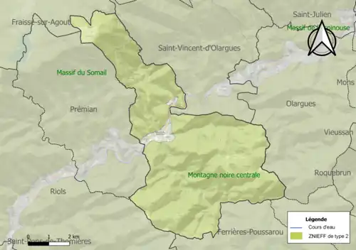 Carte des ZNIEFF de type 2 sur la commune.