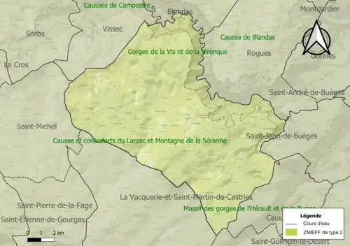 Carte des ZNIEFF de type 2 sur la commune.