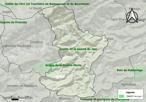 Carte des ZNIEFF de type 1 sur la commune.
