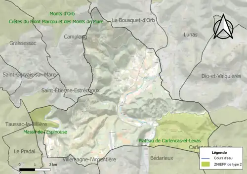 Carte des ZNIEFF de type 2 sur la commune.