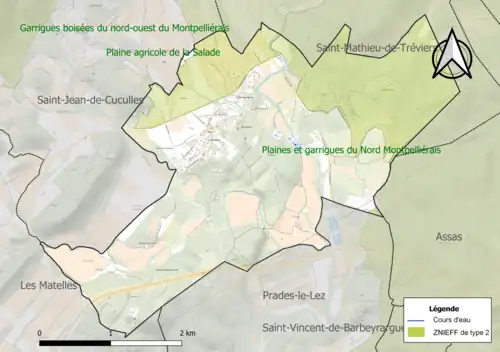 Carte des ZNIEFF de type 2 sur la commune.