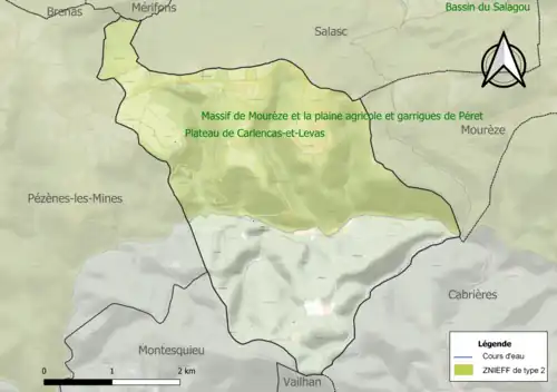 Carte de la ZNIEFF de type 2 sur la commune.