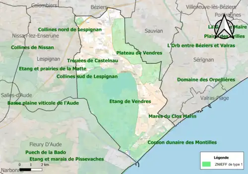 Carte des ZNIEFF de type 1 sur la commune.