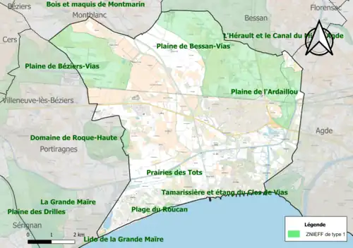Carte des ZNIEFF de type 1 sur la commune.