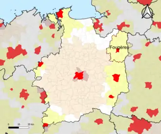 Localisation de l'aire d'attraction de Fougères dans le département d'Ille-et-Vilaine.