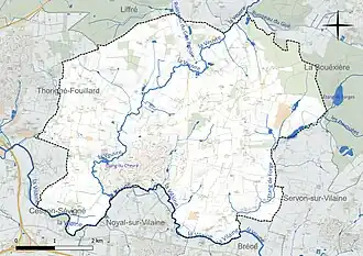 Carte en couleur présentant le réseau hydrographique de la commune