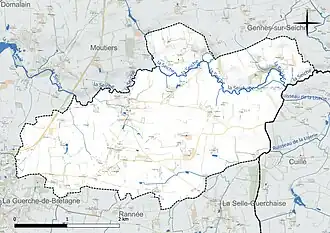 Carte en couleur présentant le réseau hydrographique de la commune