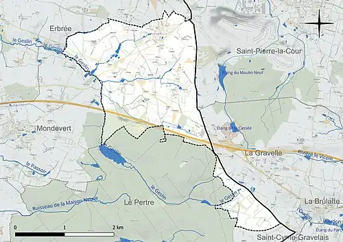 Carte en couleur présentant le réseau hydrographique de la commune
