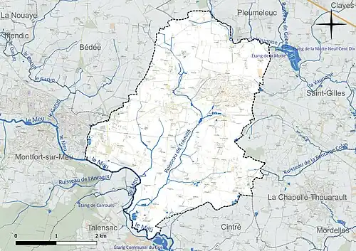 Carte en couleur présentant le réseau hydrographique de la commune