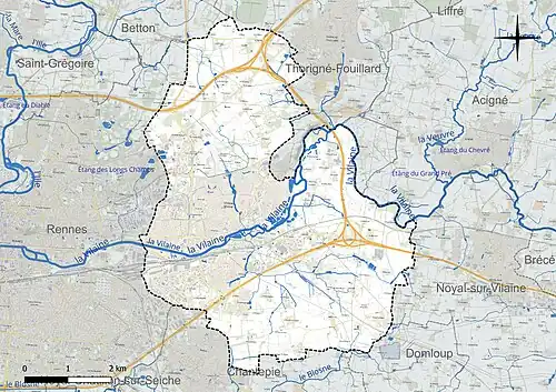 Carte en couleur présentant le réseau hydrographique de la commune