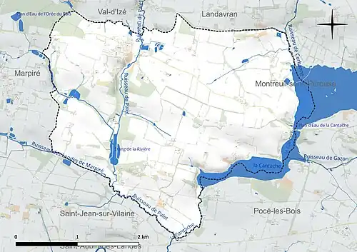 Carte en couleur présentant le réseau hydrographique de la commune