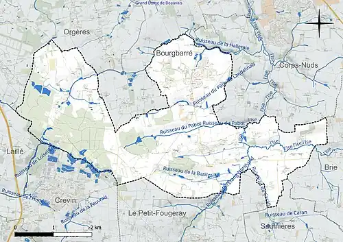Carte en couleur présentant le réseau hydrographique de la commune