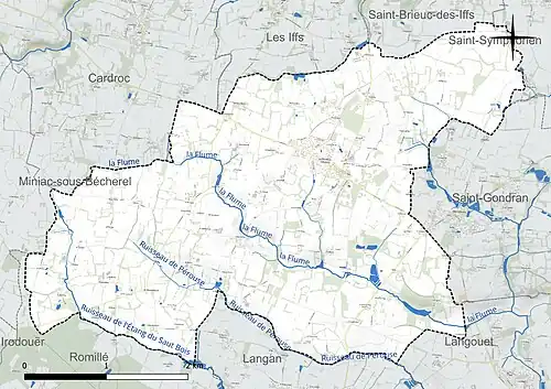 Carte en couleur présentant le réseau hydrographique de la commune