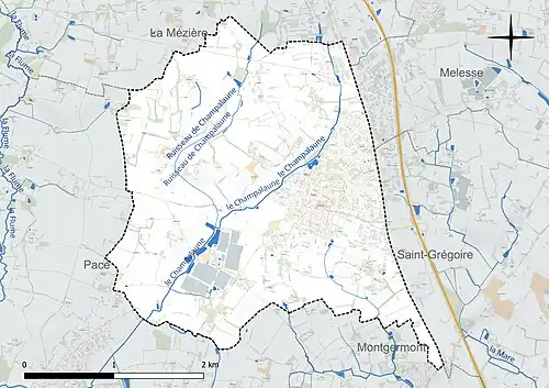 Carte en couleur présentant le réseau hydrographique de la commune