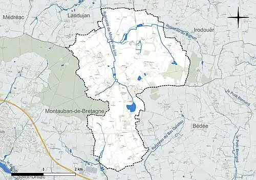 Carte en couleur présentant le réseau hydrographique de la commune