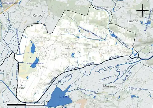 Carte en couleur présentant le réseau hydrographique de la commune