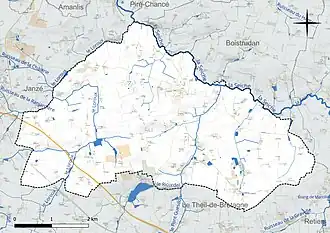 Carte en couleur présentant le réseau hydrographique de la commune