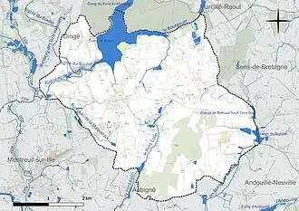 Carte en couleur présentant le réseau hydrographique de la commune