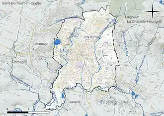 Carte en couleur présentant le réseau hydrographique de la commune