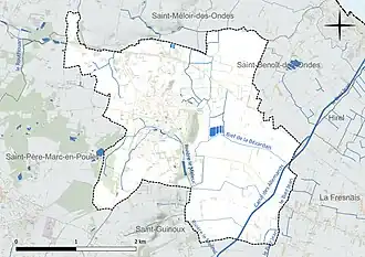 Carte en couleur présentant le réseau hydrographique de la commune