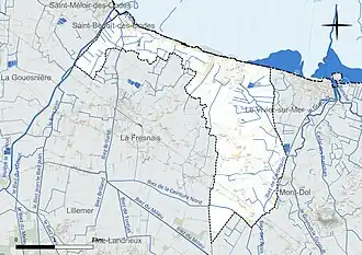 Carte en couleur présentant le réseau hydrographique de la commune