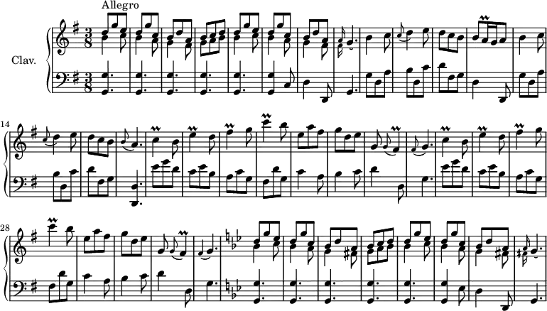 
\version "2.18.2"
\header {
  tagline = ##f
}

% petites notes
prallAsz = { \tag #'print { a16\prall } \tag #'midi { \times 2/3 { a32 b a } } }
prallC = { \tag #'print { c4\prall } \tag #'midi { d32 c d c~ c8 } }
prallE = { \tag #'print { e4\prall } \tag #'midi { fis32 e fis e~ e8 } }
prallFis = { \tag #'print { fis4\prall } \tag #'midi { g32 fis g fis~ fis8 } }

upper = \relative c'' {
  \clef treble 
  \key g \major
  \time 3/8
  \tempo 4. = 82
  \set Staff.midiInstrument = #"harpsichord"

    << { d8^\markup{Allegro} g e  | d g c, | b d a | b c \tempo 4. = 70 d | \tempo 4. = 82 d g e  | d g c, | b d a } \\ { b4 c8 | b4 a8 | g4 fis8 | g a b | b4 c8 | b4 a8 | g4 fis8 } >>
    % ms. 8
    \acciaccatura { << { a16( } \\ { fis16( } >> } g4.) | b4 c8 | \appoggiatura c8 d4 e8 | d c b | b8 \prallAsz g16 a8 | b4 c8 | \appoggiatura c8 d4 e8 | d c b | \appoggiatura b8 a4. | \prallC b8 | \prallE d8 | \prallFis g8 | \prallC b8 | e,8 a fis | g d e | 
    % ms. 23
    g,8 \appoggiatura g8 \prallFis | \appoggiatura fis8 g4. | \prallC b8 | \prallE d8 | \prallFis g8 | \prallC b8 | e,8 a fis | g d e | 
    % ms. 31
    g,8 \appoggiatura g8 fis4\prall | \appoggiatura fis4 g4. | \key g \minor  << { d'8 g ees  | d g c, | bes d a | bes c \tempo 4. = 70 d | \tempo 4. = 82 d g ees  | d g c, | bes d a } \\ { bes4 c8 | bes4 a8 | g4 fis8 | g a bes | bes4 c8 | bes4 a8 | g4 fis8 } >>
    % ms. 40
    \acciaccatura { << { a16( } \\ { fis16( } >> } g4.) | 

}

lower = \relative c' {
  \clef bass
  \key g \major
  \time 3/8
  \set Staff.midiInstrument = #"harpsichord"

    % **************************************
    \repeat unfold 5 { < g, g' >4. } < g g' >4 c8 | d4 d,8 | g4. | g'8 d a' | b d, c' | d fis, g | d4 d,8 | g'8 d a' | b d, c' |
    % ms. 15
    d8 fis, g | < d, d' >4. | \repeat unfold 2 { e''8 g d | c e b | a c g | fis d' g, | c4 a8 | b4 c8 | 
    % ms. 23
    d4 d,8 | g4. } |  \key g \minor  \repeat unfold 5 { < g, g' >4. } < g g' >4 ees'8 | d4 d,8 | g4. 

}

thePianoStaff = \new PianoStaff <<
    \set PianoStaff.instrumentName = #"Clav."
    \new Staff = "upper" \upper
    \new Staff = "lower" \lower
  >>

\score {
  \keepWithTag #'print \thePianoStaff
  \layout {
      #(layout-set-staff-size 17)
    \context {
      \Score
     \override SpacingSpanner.common-shortest-duration = #(ly:make-moment 1/2)
      \remove "Metronome_mark_engraver"
    }
  }
}

\score {
  \keepWithTag #'midi \thePianoStaff
  \midi { }
}
