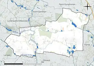 Carte en couleur présentant le réseau hydrographique de la commune