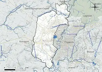 Carte en couleur présentant le réseau hydrographique de la commune